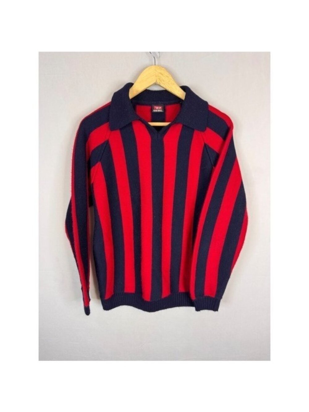 Diesel Red Navy Blue Vertical Stripe Polo Collar Knit Sweater Men M AC Milan